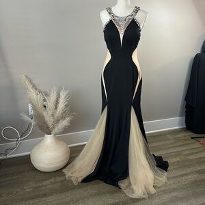 Rachel Allan Black and Nude Illusion Evening Gown with Crystal Neckline